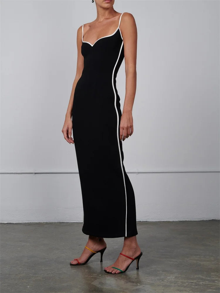 CHRONSTYLE Women Sleeveless Strap Long Dress Black Patchwork V-neck Low Cut Slim Summer Party Back Split Dresses Female Vestidos