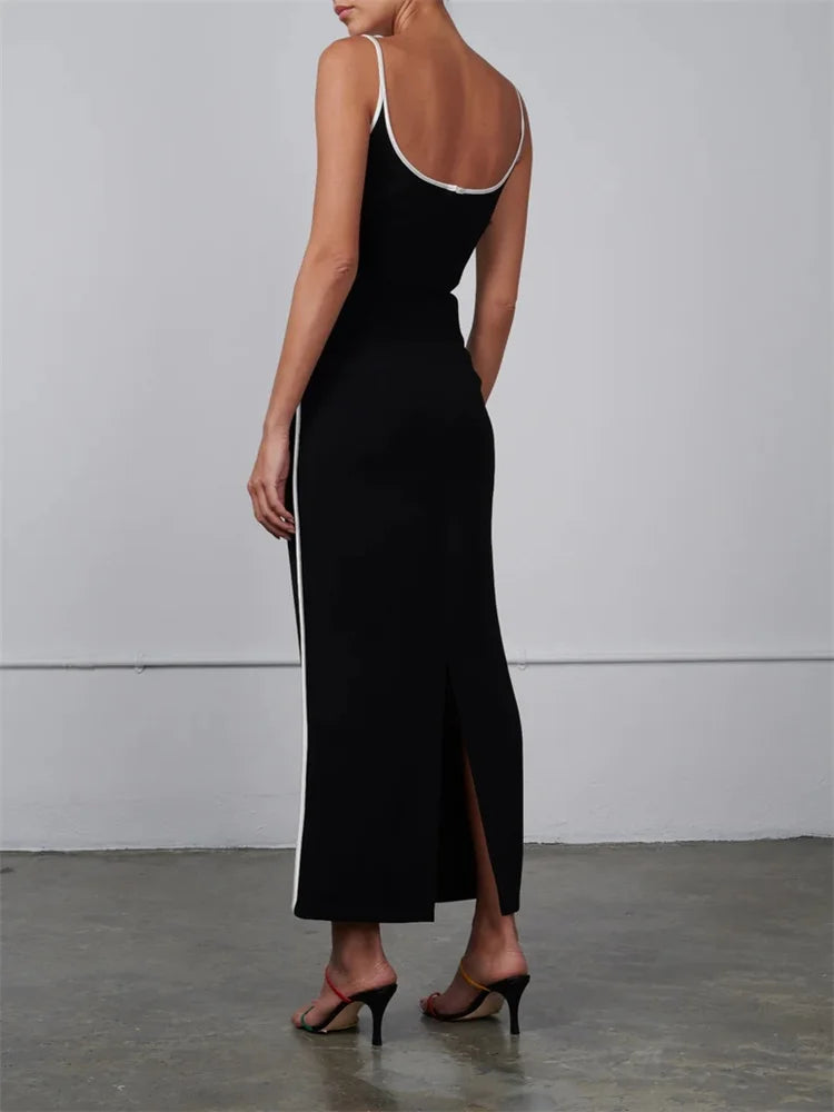 CHRONSTYLE Women Sleeveless Strap Long Dress Black Patchwork V-neck Low Cut Slim Summer Party Back Split Dresses Female Vestidos