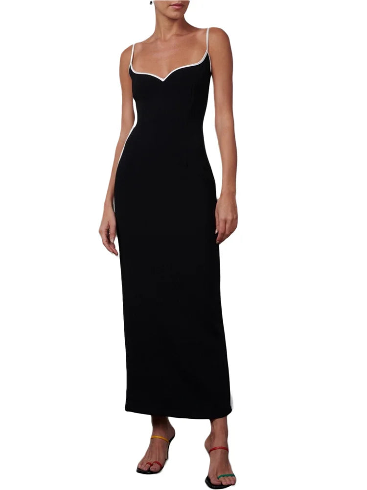 CHRONSTYLE Women Sleeveless Strap Long Dress Black Patchwork V-neck Low Cut Slim Summer Party Back Split Dresses Female Vestidos