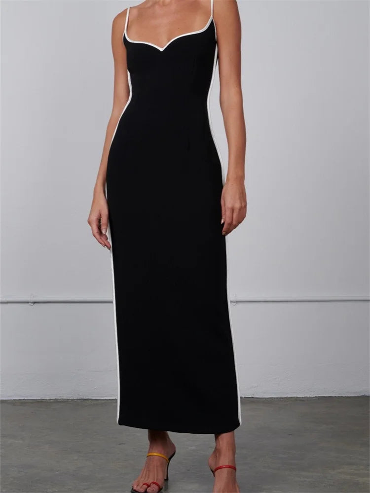CHRONSTYLE Women Sleeveless Strap Long Dress Black Patchwork V-neck Low Cut Slim Summer Party Back Split Dresses Female Vestidos