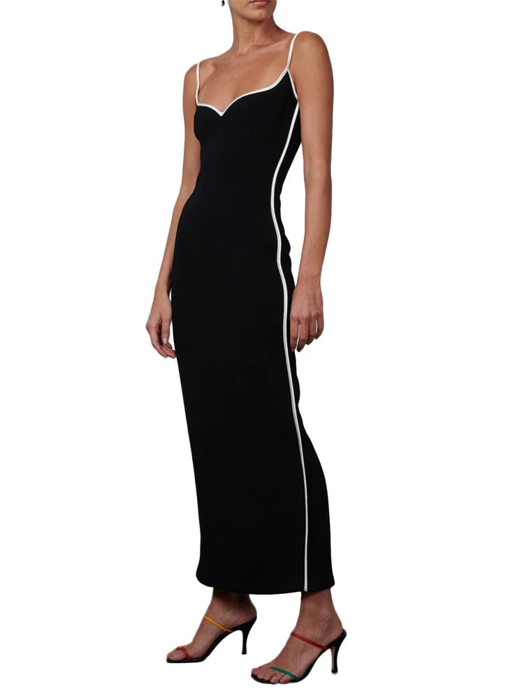 CHRONSTYLE Women Sleeveless Strap Long Dress Black Patchwork V-neck Low Cut Slim Summer Party Back Split Dresses Female Vestidos