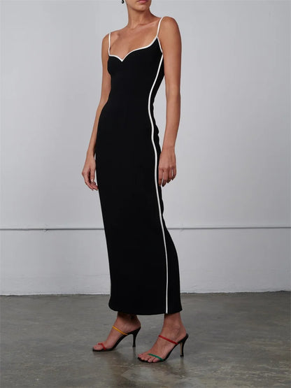 CHRONSTYLE Women Sleeveless Strap Long Dress Black Patchwork V-neck Low Cut Slim Summer Party Back Split Dresses Female Vestidos
