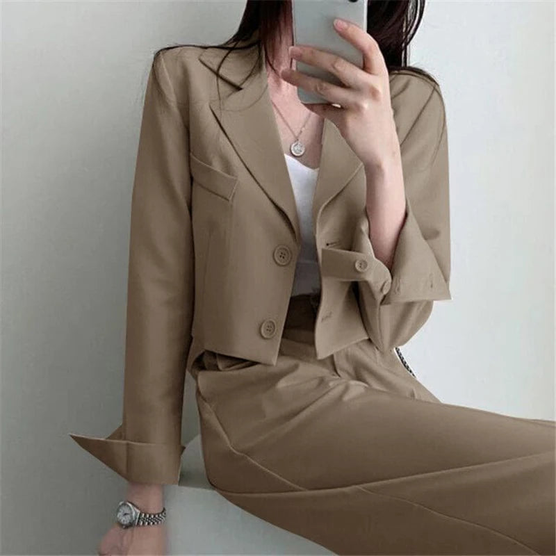 Temperament Cropped Blazer for Women Korean Fashion Office Long Sleeve Suit Coat Woman 2024 Single Breasted Chic Jacket Female