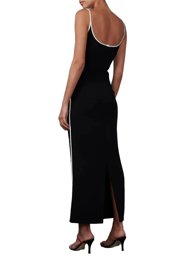 CHRONSTYLE Women Sleeveless Strap Long Dress Black Patchwork V-neck Low Cut Slim Summer Party Back Split Dresses Female Vestidos