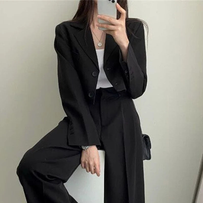 Temperament Cropped Blazer for Women Korean Fashion Office Long Sleeve Suit Coat Woman 2024 Single Breasted Chic Jacket Female