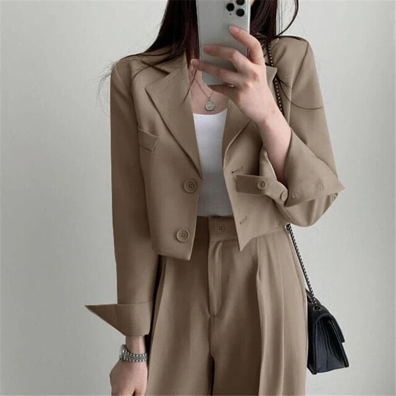 Temperament Cropped Blazer for Women Korean Fashion Office Long Sleeve Suit Coat Woman 2024 Single Breasted Chic Jacket Female