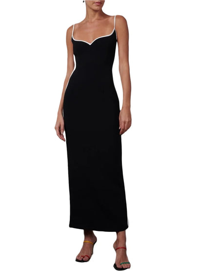 CHRONSTYLE Women Sleeveless Strap Long Dress Black Patchwork V-neck Low Cut Slim Summer Party Back Split Dresses Female Vestidos
