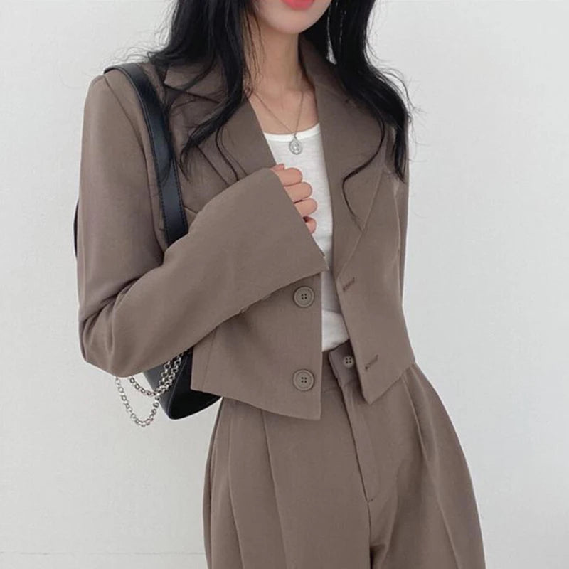Temperament Cropped Blazer for Women Korean Fashion Office Long Sleeve Suit Coat Woman 2024 Single Breasted Chic Jacket Female