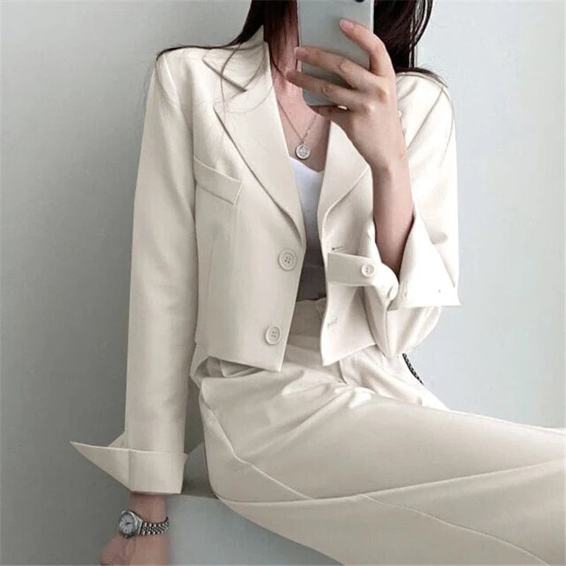Temperament Cropped Blazer for Women Korean Fashion Office Long Sleeve Suit Coat Woman 2024 Single Breasted Chic Jacket Female