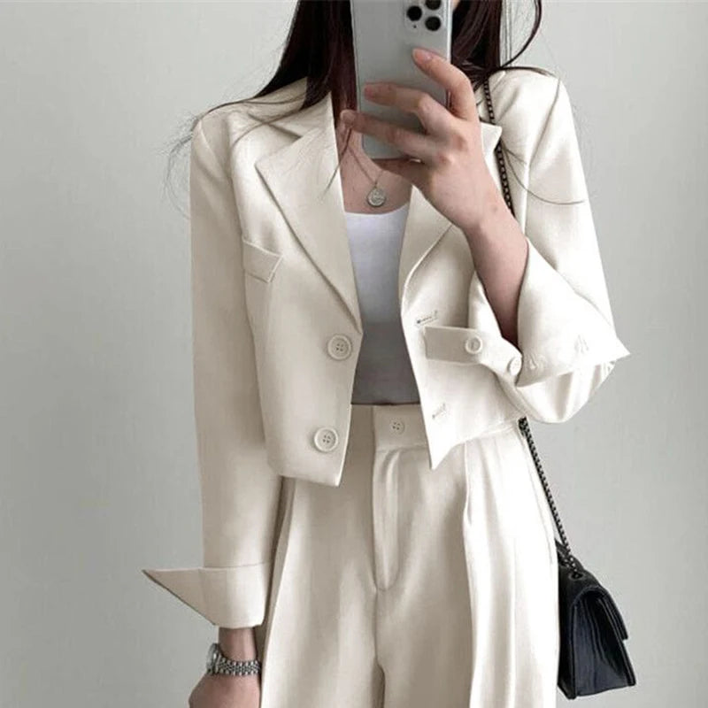 Temperament Cropped Blazer for Women Korean Fashion Office Long Sleeve Suit Coat Woman 2024 Single Breasted Chic Jacket Female