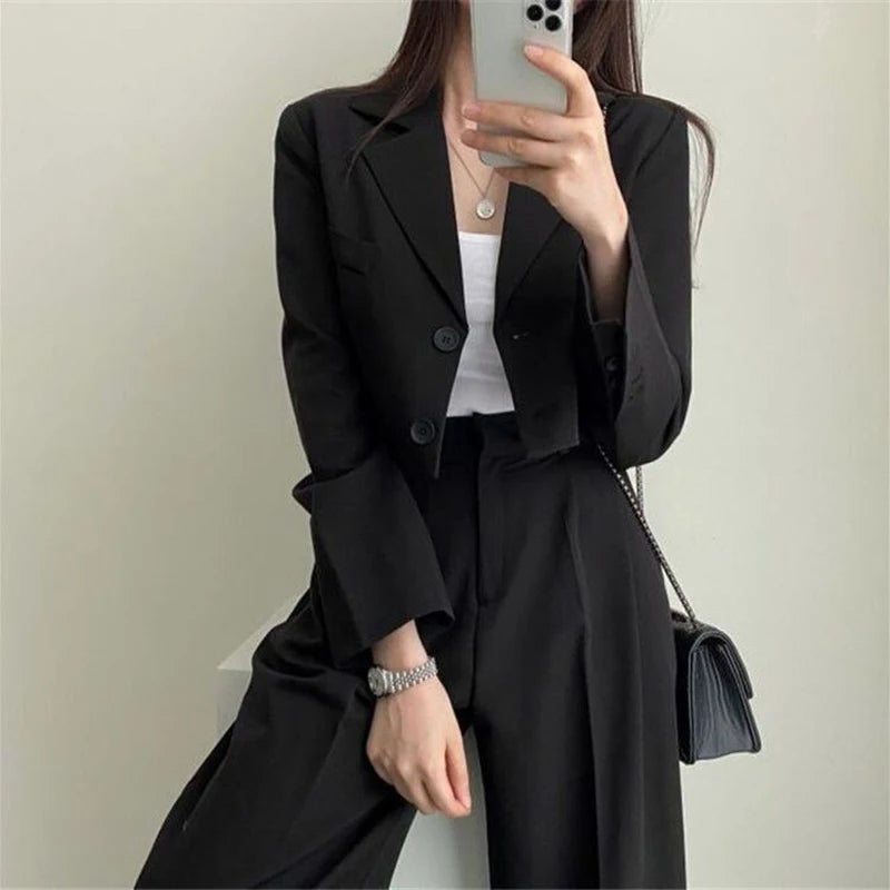Temperament Cropped Blazer for Women Korean Fashion Office Long Sleeve Suit Coat Woman 2024 Single Breasted Chic Jacket Female